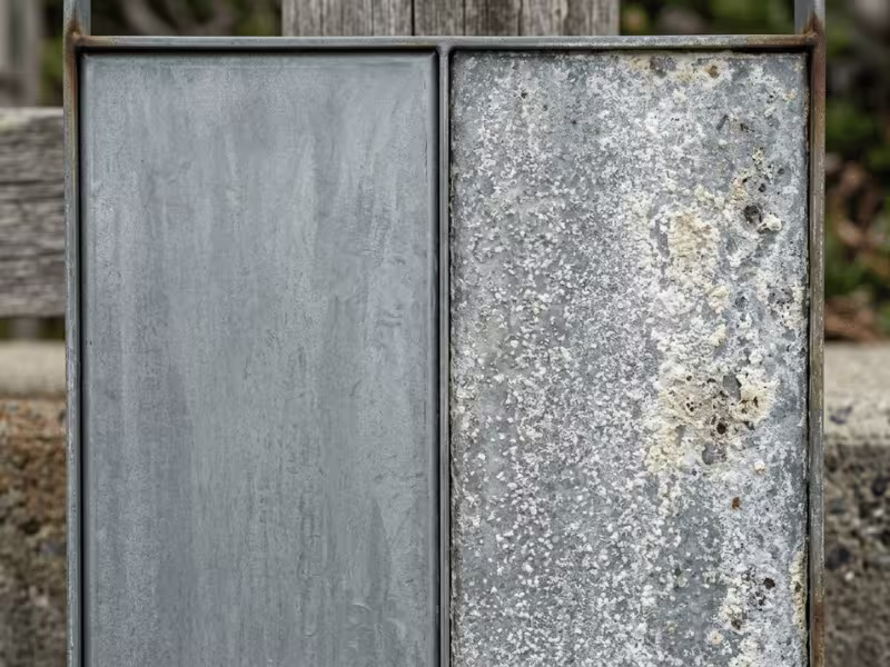 Galvanized steel showing healthy patina versus early white rust corrosion Galvanized steel showing healthy patina versus early white rust corrosion