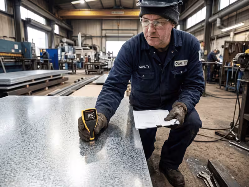 Inspector measuring galvanized steel coating thickness with a gauge Inspector measuring galvanized steel coating thickness with a gauge