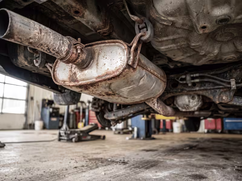 Rusted aluminized steel exhaust with road salt underneath a car Rusted aluminized steel exhaust with road salt underneath a car