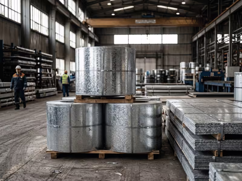Stacked galvanized steel coils showing zinc spangle surface in a warehouse
