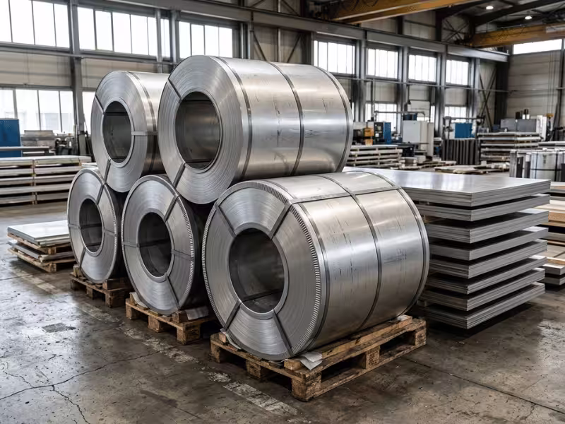 Stainless steel coils and sheets stacked in warehouse
