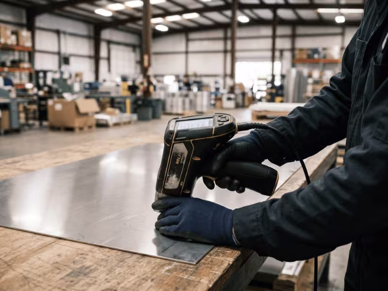 Technician using handheld XRF analyzer on steel Technician using handheld XRF analyzer on steel