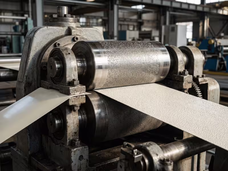 Embossing rolls pressing stucco texture into prepainted steel Embossing rolls pressing stucco texture into prepainted steel
