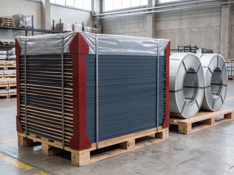Film protected coated sheets stacked with paper interleaving Film protected coated sheets stacked with paper interleaving
