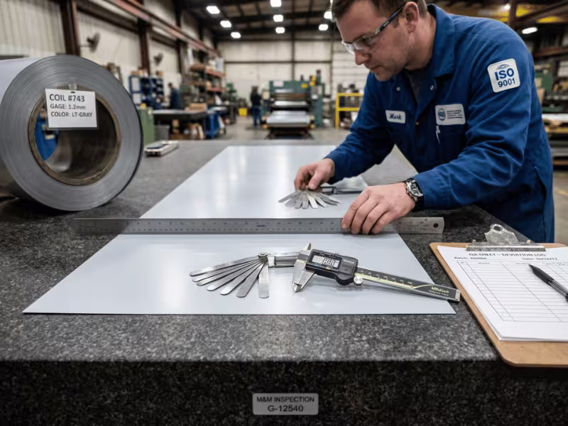 Inspector checking flatness of a coated steel sheet Inspector checking flatness of a coated steel sheet