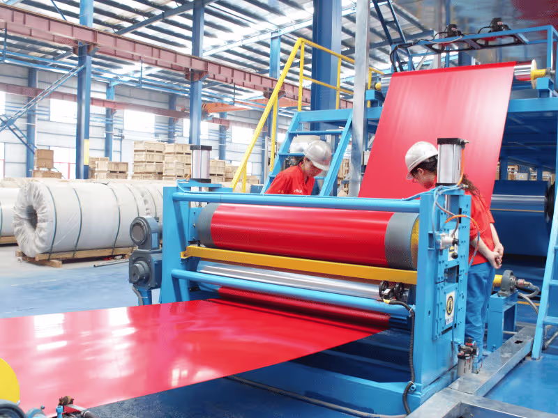Prepainted steel coils at a coated coil processing line