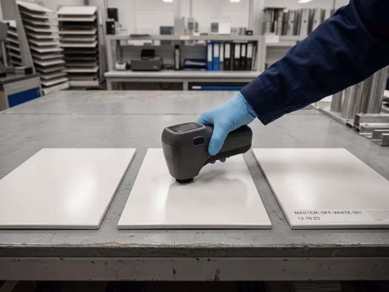 Spectrophotometer checking color on steel panels Spectrophotometer checking color on steel panels