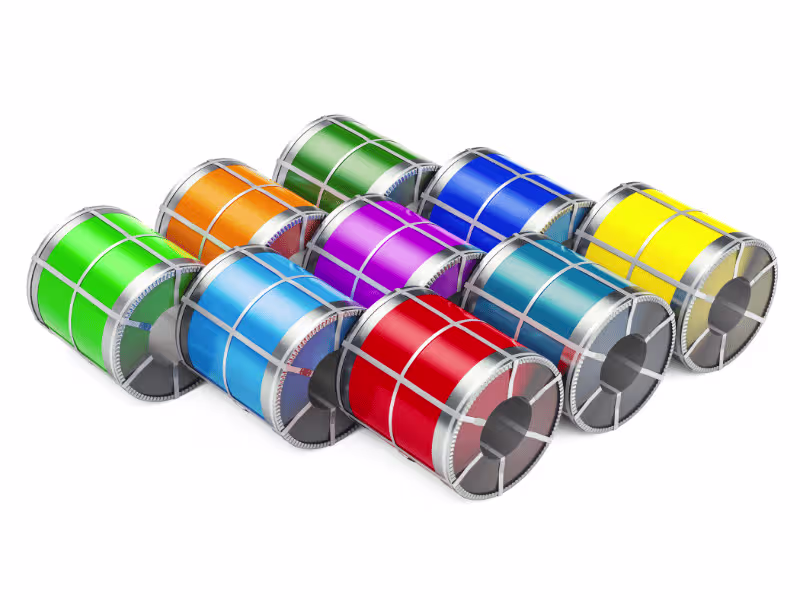 Stacked prepainted steel coils in warehouse
